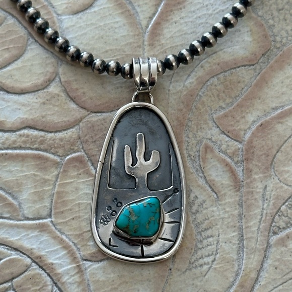 Jewelry - Turquoise nugget cactus desert sterling silver pendant